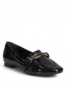 THE LOOKPatent leather upperSquare toeGoldtone metal bar with black enamel detail at vampPadded insoleTHE MATERIALPatent leather upperLeather lining and soleORIGINImported THE LOOKPatent leather upperSquare toeGoldtone metal bar with black enamel detail at vampPadded insoleTHE MATERIALPatent leather upperLeather lining and soleORIGINImported
