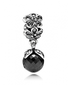 Faceted black spinel sways delicately from a sterling silver floral charm accented with grey crystal stones. By PANDORA.