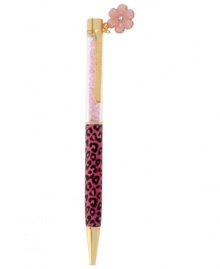 Print's charming. This pen from Betsey Johnson, crafted from gold-tone mixed metal, features a pink leopard print on the outside and a glass flower heart charm for a cute touch. Item comes packaged in a signature Betsey Johnson Gift Box. Approximate length: 5-1/2 inches. Approximate width: 3/8 inch. Print's charming. This pen from Betsey Johnson, crafted from gold-tone mixed metal, features a pink leopard print on the outside and a glass flower heart charm for a cute touch. Item comes packaged in a signature Betsey Johnson Gift Box. Approximate length: 5-1/2 inches. Approximate width: 3/8 inch.