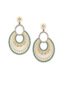 THE LOOKOval silhouetteTurquoise and white crystal stone accentsFiligree designGoldplated brass settingPost backTHE MEASUREMENTWidth, about 1¾Length, about 2½ORIGINImported THE LOOKOval silhouetteTurquoise and white crystal stone accentsFiligree designGoldplated brass settingPost backTHE MEASUREMENTWidth, about 1¾Length, about 2½ORIGINImported