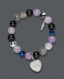 Perfect your look in a plethora of purple hues. This chic, clear elastic stretch bracelet highlights 10 mm beads that include light amethyst, black agate, labradorite, hematite, satin black agate, and blue tiger's eye. A pave-set crystal ball and heart charm, black faceted AB crystal rondelles, and polished sterling silver accents create the perfect finishing touch. Approximate diameter: 3 inches. Perfect your look in a plethora of purple hues. This chic, clear elastic stretch bracelet highlights 10 mm beads that include light amethyst, black agate, labradorite, hematite, satin black agate, and blue tiger's eye. A pave-set crystal ball and heart charm, black faceted AB crystal rondelles, and polished sterling silver accents create the perfect finishing touch. Approximate diameter: 3 inches.