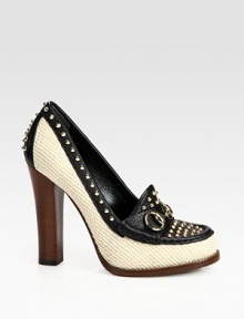 Straw high-heel loafer pump with goldtone metal studs, leather trim and a Gucci horsbit 60th anniversary detail. Stacked heel, 4½ (115mm)Straw upper with leather trim and metal studsLeather lining and solePadded insoleMade in Italy Straw high-heel loafer pump with goldtone metal studs, leather trim and a Gucci horsbit 60th anniversary detail. Stacked heel, 4½ (115mm)Straw upper with leather trim and metal studsLeather lining and solePadded insoleMade in Italy
