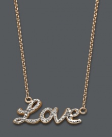 Say it if you mean it. Studio Silver's romantic Love necklace features a cursive design encrusted with crystals. Set in 18k rose gold over sterling silver. Approximate length: 16 inches + 2-inch extender. Approximate drop length: 1 inch. Approximate drop width: 1/2 inch. Say it if you mean it. Studio Silver's romantic Love necklace features a cursive design encrusted with crystals. Set in 18k rose gold over sterling silver. Approximate length: 16 inches + 2-inch extender. Approximate drop length: 1 inch. Approximate drop width: 1/2 inch.