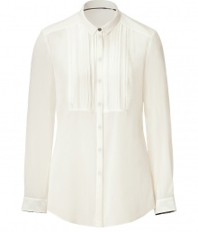 Update your workweek staples with this versatile silk blouse from Burberry London - Small spread collar, concealed front button placket, pintuck details at bust, long sleeves, semi-sheer - Style with slim trousers or leather leggings, a blazer, and platform pumps Update your workweek staples with this versatile silk blouse from Burberry London - Small spread collar, concealed front button placket, pintuck details at bust, long sleeves, semi-sheer - Style with slim trousers or leather leggings, a blazer, and platform pumps