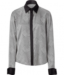 Ultra-luxe black and white houndstooth print silk top - This classic top will add a sophisticated touch to any basic - Perfect for the office, this silk blouse looks great with a pencil skirt and pumps - Pair with a structured blazer and a mini skirt for an updated suit Ultra-luxe black and white houndstooth print silk top - This classic top will add a sophisticated touch to any basic - Perfect for the office, this silk blouse looks great with a pencil skirt and pumps - Pair with a structured blazer and a mini skirt for an updated suit