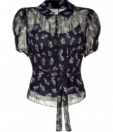 Add feminine flair to your look with this delicate silk blouse from Polo Ralph Lauren - Front button placket, small spread collar, puff sleeves with button detail, tie waist belt, nipped in waist, sheer with under camisole - Wear with a pencil skirt, fishnets, and platform heels Add feminine flair to your look with this delicate silk blouse from Polo Ralph Lauren - Front button placket, small spread collar, puff sleeves with button detail, tie waist belt, nipped in waist, sheer with under camisole - Wear with a pencil skirt, fishnets, and platform heels
