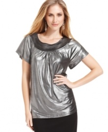 Make a statement with a pleated collar! This fab Style&co. top not only features the unique detail at the neckline but it also has a metallic finish, perfect for day and night. Make a statement with a pleated collar! This fab Style&co. top not only features the unique detail at the neckline but it also has a metallic finish, perfect for day and night.