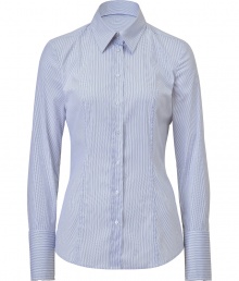 Bring high style to your workweek look with this micro-stripe blouse from Hugo - Small spread collar, front button placket, seaming details down front, fitted silhouette, small stripe print - Style with a pencil skirt and heels or cropped trousers Bring high style to your workweek look with this micro-stripe blouse from Hugo - Small spread collar, front button placket, seaming details down front, fitted silhouette, small stripe print - Style with a pencil skirt and heels or cropped trousers