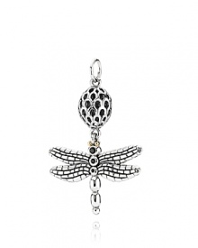 PANDORA's graceful dragonfly pendant captures the spirit of summer. Tiny touches of 14K gold and black zirconia catch the light for luminous elegance. PANDORA's graceful dragonfly pendant captures the spirit of summer. Tiny touches of 14K gold and black zirconia catch the light for luminous elegance.