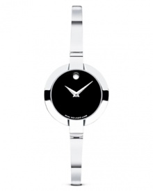 Movado's fashionably slender Bela™ bangle watch in polished solid stainless steel has a classic black Museum® dial. Movado's fashionably slender Bela™ bangle watch in polished solid stainless steel has a classic black Museum® dial.