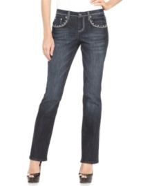 This pair of Earl Jeans petite jeans is dressed for after dark, featuring jewel-like studding and shimmering embroidery at the pockets and a fashionable wash with whiskering and fading. This pair of Earl Jeans petite jeans is dressed for after dark, featuring jewel-like studding and shimmering embroidery at the pockets and a fashionable wash with whiskering and fading.
