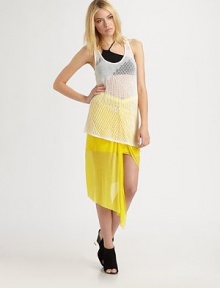 Semi-sheer open knit drapes from shoulder to hem in a sleek scoopneck tank.ScoopneckSleevelessAsymmetrical hemAbout 33 from shoulder to hem62% linen/38% nylonDry cleanImportedModel shown is 5'9½ (176cm) wearing US size Small. Semi-sheer open knit drapes from shoulder to hem in a sleek scoopneck tank.ScoopneckSleevelessAsymmetrical hemAbout 33 from shoulder to hem62% linen/38% nylonDry cleanImportedModel shown is 5'9½ (176cm) wearing US size Small.