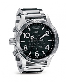 Nixon's stainless steel chronograph is designed to make an impact. This oversized watch epitomizes statement cool, a bomber jacket and dessert boots will finish a bold, masculine style. Nixon's stainless steel chronograph is designed to make an impact. This oversized watch epitomizes statement cool, a bomber jacket and dessert boots will finish a bold, masculine style.
