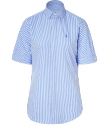 This chic tailored blouse from Polo Ralph Lauren is the perfect addition to your work wardrobe - Slim fit, small spread collar, short sleeves, concealed front button placket, rounded hem, all-over stripe print - Pair with slim cut trousers, a modern blazer, and classic pumps This chic tailored blouse from Polo Ralph Lauren is the perfect addition to your work wardrobe - Slim fit, small spread collar, short sleeves, concealed front button placket, rounded hem, all-over stripe print - Pair with slim cut trousers, a modern blazer, and classic pumps