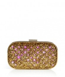 Dotted with flashing LED lights and playfully packaged like a toy, Anya Hindmarchs seasonal Marano Dancer clutch is a dazzling take on this favorite style - Press at corner to activate lights, on/off switch in battery pack concealed in inside zip pocket, comes with a replacement battery - Gold-toned frame with logo clasp, two-tone metallic gold glitter, inside back wall zippered pocket, sand suede interior - Pair with flirty cocktail dresses and jet black heels