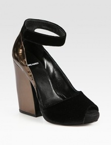 Supported by a towering block heel, this suede pump is modernized by metallic leather trim, open sides and a wide, Velcro® ankle strap. Metallic leather heel, 5 (125mm)Velvet platform, 1 (25mm)Compares to a 4 heel (100mm)Velvet upperLeather lining and solePadded insoleMade in Italy Supported by a towering block heel, this suede pump is modernized by metallic leather trim, open sides and a wide, Velcro® ankle strap. Metallic leather heel, 5 (125mm)Velvet platform, 1 (25mm)Compares to a 4 heel (100mm)Velvet upperLeather lining and solePadded insoleMade in Italy