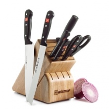 For nearly two centuries, Wüsthof has been crafting exceptionally strong, sharp and balanced cutlery. Forged in Germany from one piece of steel, each Wüsthof knife boasts superlative precision. An essential for the kitchen, this 8-piece set includes a 3 parer, 4.5 utility, 4.5 serrated utility, 8 bread, 8 cook's, 9 steel and a pair of kitchen shears. For nearly two centuries, Wüsthof has been crafting exceptionally strong, sharp and balanced cutlery. Forged in Germany from one piece of steel, each Wüsthof knife boasts superlative precision. An essential for the kitchen, this 8-piece set includes a 3 parer, 4.5 utility, 4.5 serrated utility, 8 bread, 8 cook's, 9 steel and a pair of kitchen shears.