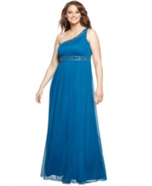 Beautiful embellishment at the neckline and waist lend sparkling style to this flattering plus size evening gown from Xscape. Beautiful embellishment at the neckline and waist lend sparkling style to this flattering plus size evening gown from Xscape.