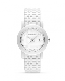 A white ceramic, check inspired link bracelet adds polished modernism to your wrist. From Burberry. Made in Switzerland. A white ceramic, check inspired link bracelet adds polished modernism to your wrist. From Burberry. Made in Switzerland.