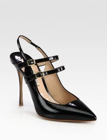Double ankle straps top this point toe slingback pump rendered in glossy patent leather. Self-covered heel, 4¼ (110mm)Patent leather upperPoint toeAdjustable ankle strapsElasticized slingback strapLeather lining and solePadded insoleMade in Italy Double ankle straps top this point toe slingback pump rendered in glossy patent leather. Self-covered heel, 4¼ (110mm)Patent leather upperPoint toeAdjustable ankle strapsElasticized slingback strapLeather lining and solePadded insoleMade in Italy