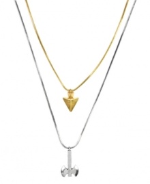 Add some intrigue with this dangerously alluring design. Mixed metal gold and silver-plated necklaces feature spike and axe pendants for an ultra edgy look. Add some intrigue with this dangerously alluring design. Mixed metal gold and silver-plated necklaces feature spike and axe pendants for an ultra edgy look.