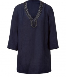 Channel 1970s style in this ultra chic tunic - V-neckline with leather trim, three-quarter belled sleeves, side vents, relaxed silhouette - Style with flared jeans, platform sandals, and a fringe-detailed bag from Totem Channel 1970s style in this ultra chic tunic - V-neckline with leather trim, three-quarter belled sleeves, side vents, relaxed silhouette - Style with flared jeans, platform sandals, and a fringe-detailed bag from Totem