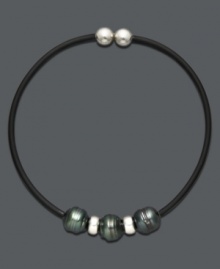 Traditional pearls with a modern spin. This stylish bracelet features three cultured Tahitian pearls (8-9 mm) accented with sterling silver beads on a black rubber bracelet. Approximate diameter: 2-1/2 inches. Approximate length: 7-1/2 inches. Traditional pearls with a modern spin. This stylish bracelet features three cultured Tahitian pearls (8-9 mm) accented with sterling silver beads on a black rubber bracelet. Approximate diameter: 2-1/2 inches. Approximate length: 7-1/2 inches.