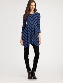 Covered in contrasting chevron stripes and finished with an asymmetrical hem, this ultra-soft knit is the perfect balance between ease and elegance. RoundneckRolled three-quarter sleevesAsymmetrical hemBack keyhole detail96% rayon/4% spandexDry cleanMade in USAModel shown is 5'10 (177cm) wearing US size Small. Covered in contrasting chevron stripes and finished with an asymmetrical hem, this ultra-soft knit is the perfect balance between ease and elegance. RoundneckRolled three-quarter sleevesAsymmetrical hemBack keyhole detail96% rayon/4% spandexDry cleanMade in USAModel shown is 5'10 (177cm) wearing US size Small.