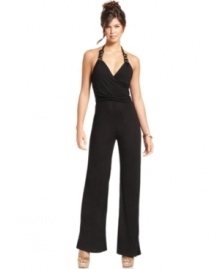After-hour elegance is in full supply on this jumpsuit from Rampage! A draped bodice and metallic effects lend high-end sensibility to this look. After-hour elegance is in full supply on this jumpsuit from Rampage! A draped bodice and metallic effects lend high-end sensibility to this look.