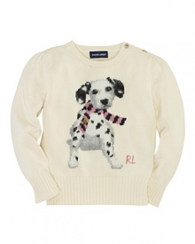 A classic crewneck is pretty for her, with a cute, preppy puppy intarsia knit at the front and pretty puffed sleeves. A classic crewneck is pretty for her, with a cute, preppy puppy intarsia knit at the front and pretty puffed sleeves.
