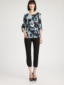 A nature-inspired graphic print adds edge to this silk roll-sleeve style.ScoopneckThree-quarter sleeves with roll-tabsRounded hemlineInverted back pleatSilkDry cleanImported of Italian fabricModel shown is 5'9 (175cm) wearing US size 4. A nature-inspired graphic print adds edge to this silk roll-sleeve style.ScoopneckThree-quarter sleeves with roll-tabsRounded hemlineInverted back pleatSilkDry cleanImported of Italian fabricModel shown is 5'9 (175cm) wearing US size 4.