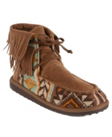 If one-of-a-kind-patterns and fantastic fringes are your thing, then look no further than the Tara booties by Muk Luks. If one-of-a-kind-patterns and fantastic fringes are your thing, then look no further than the Tara booties by Muk Luks.