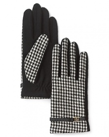 Lauren Ralph Lauren's leather-belted gloves are rendered in a black-and-white houndstooth print for classic style. Lauren Ralph Lauren's leather-belted gloves are rendered in a black-and-white houndstooth print for classic style.