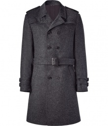 Stylish short coat of grey wool - From the Italian trend designer Neil Barrett - New: cool trench look with classic features: waist belt, belted shoulders and sleeves - Double breasted with closely set buttons - Modern, sporty short-cut, the hem ends mid-thigh - A dream coat for life, a purchase you will never, ever regret