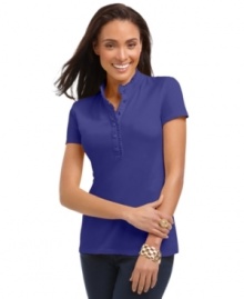 A polo top in vibrant colors is a warm-weather essential, from Charter Club. Ruffled trim at the placket and collar add feminine flair, too! A polo top in vibrant colors is a warm-weather essential, from Charter Club. Ruffled trim at the placket and collar add feminine flair, too!