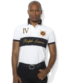 A custom-fitting rugby shirt celebrating the St. Moritz Polo World Cup on Snow receives a preppy feel with a scripted Ralph Lauren logo, a striped collar and a Roman numeral patch.