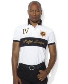 A custom-fitting rugby shirt celebrating the St. Moritz Polo World Cup on Snow receives a preppy feel with a scripted Ralph Lauren logo, a striped collar and a Roman numeral patch. A custom-fitting rugby shirt celebrating the St. Moritz Polo World Cup on Snow receives a preppy feel with a scripted Ralph Lauren logo, a striped collar and a Roman numeral patch.
