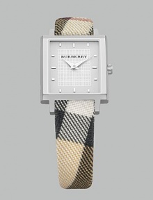 Stainless steel case and embossed check leather strap.Etched silver check dial Square case, 25mm, 0.98 Water resistant to 3 ATM Quartz movement Strap width, 13mm, 0.5 Made in Switzerland Stainless steel case and embossed check leather strap.Etched silver check dial Square case, 25mm, 0.98 Water resistant to 3 ATM Quartz movement Strap width, 13mm, 0.5 Made in Switzerland