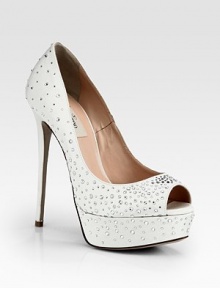 Twinkling crystals add shimmer to this towering peep toe silhouette in luxe Italian satin. Self-covered heel, 5½ (140mm)Covered platform, 1¼ (30mm)Compares to a 4¼ heel (110mm)Crystal-coated satin upperPeep toeLeather lining and solePadded insoleMade in Italy Twinkling crystals add shimmer to this towering peep toe silhouette in luxe Italian satin. Self-covered heel, 5½ (140mm)Covered platform, 1¼ (30mm)Compares to a 4¼ heel (110mm)Crystal-coated satin upperPeep toeLeather lining and solePadded insoleMade in Italy