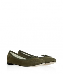 The classic ballet flat gets a glam redux with this ultra-chic suede version from Repetto - Classic ballet flat styling, front bow detail, leather sole, low heel, green suede with a glossy finish - Pair with a full skirt and a tie-front top or a frilly mini dress The classic ballet flat gets a glam redux with this ultra-chic suede version from Repetto - Classic ballet flat styling, front bow detail, leather sole, low heel, green suede with a glossy finish - Pair with a full skirt and a tie-front top or a frilly mini dress