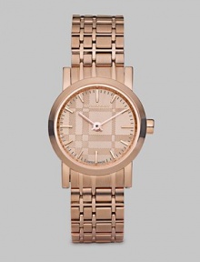A classic, iconic design with an etched check dial in a warm rose goldtone. Quartz movementWater resistant to 5 ATMRound rose goldtone ion-plated stainless steel case, 22mm (.86) Smooth bezelCheck etched dialBar hour markersRose goldtone ion-plated stainless steel check link bracelet, 12mm (.47)Made in Switzerland 