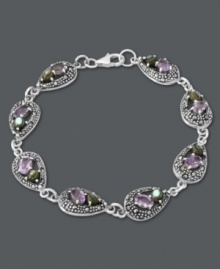 Tap into your elegant side. Genevieve & Grace's teardrop link bracelet combines sparkling amethyst (3-1/8 ct. t.w.), marcasite and abalone shells for a look that's pastel perfect. Set in sterling silver. Approximate length: 7-1/2 inches.