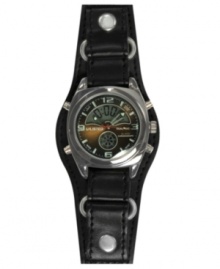 Unlisted captures edgy confidence with this sleek cuff watch. Black leather strap and round brushed gunmetal ion-plated mixed metal case. Black dial features numerals at twelve, three, six and nine o'clock, stick indices, digital day display, digital time display and logo. Quartz movement. Splash resistant. Two-year limited warranty. Unlisted captures edgy confidence with this sleek cuff watch. Black leather strap and round brushed gunmetal ion-plated mixed metal case. Black dial features numerals at twelve, three, six and nine o'clock, stick indices, digital day display, digital time display and logo. Quartz movement. Splash resistant. Two-year limited warranty.