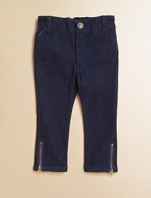 An everyday essential, these adorably girly jeans feature bows and zippers, in a slim-fitting silhouette.Front button closureElastic waistband with belt loopsZip flyFront slash pocketsBack patch pocketsZippered hem98% cotton/2% spandexMachine washImported An everyday essential, these adorably girly jeans feature bows and zippers, in a slim-fitting silhouette.Front button closureElastic waistband with belt loopsZip flyFront slash pocketsBack patch pocketsZippered hem98% cotton/2% spandexMachine washImported