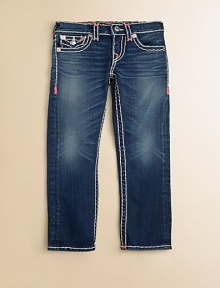 Thick, contrast stitching with neon bartacks, silvertone hardware and signature pockets define this comfy, slim-fitting pair.Front button closureAdjustable waistband with belt loopsZip flyFive-pocket styleCotton/SpandexMachine washImported of domestic fabric Thick, contrast stitching with neon bartacks, silvertone hardware and signature pockets define this comfy, slim-fitting pair.Front button closureAdjustable waistband with belt loopsZip flyFive-pocket styleCotton/SpandexMachine washImported of domestic fabric