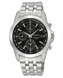 Seiko's classically handsome styling gets an even more masculine edge from the black chronograph dial of this watch. Stainless steel bracelet and round case. Black chronograph dial features tachymeter scale at outer ring, silvertone stick indices, date window at three o'clock, three subdials and logo. Quartz movement. Water resistant to 100 meters. Three-year limited warranty. Seiko's classically handsome styling gets an even more masculine edge from the black chronograph dial of this watch. Stainless steel bracelet and round case. Black chronograph dial features tachymeter scale at outer ring, silvertone stick indices, date window at three o'clock, three subdials and logo. Quartz movement. Water resistant to 100 meters. Three-year limited warranty.