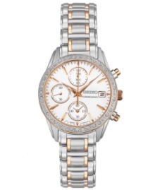 A blend of rose-gold and crystal shimmer make this chronograph watch from Seiko a stunning sight to behold. A blend of rose-gold and crystal shimmer make this chronograph watch from Seiko a stunning sight to behold.