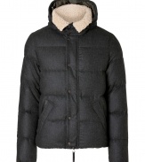 Stay warm while maintaining your urbane style in this luxe wool-cashmere jacket from Duvetica - Removable shearling collar, hooded, snapped panel conceals front two-way zip closure, long sleeves, black leather trim and back yolk, snapped pockets, quilted - Modern straight fit - Wear with knit pullovers, jeans and weather boots