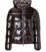 Maximize your cold weather style in this ultra-luxe two-in-one reversible down jacket from Duvetica - Hood with orange zipper trim, dual-zip front closure, long sleeves, contrasting zipper detailed pockets, reversible with inside camouflage lining, quilted - Classic straight cut - Pair with a cashmere pullover or long sleeve henley, straight leg jeans, and boots