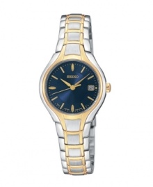 The blue dial lends a distinctive touch to this two-tone stainless steel watch by Seiko. Goldtone accents on stainless steel case and link bracelet. Index markings and date window. Quartz movement. Water resistant to 30 meters.